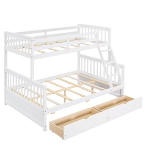 Letto a Castello Bianco con Letto Singolo Sopra e Letto Matrimoniale, con Scale e Due Cassetti Portaoggetti, Letti per Bambini Prodotto-LT000165AAK - Product Image 4