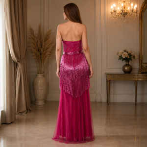 Luxury Fuchsia Strapless <b>Sequin</b> Fringe Evening Gown for Women Formal Party Prom Wedding Reception Maxi Dress Elegant Couture - Product Image 2