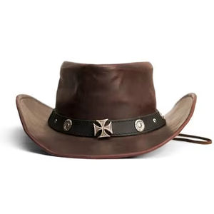 Chapeau de cowboy western en cuir véritable marron patiné Heritage avec sangle à concho croisée et large bord, style ranch, pour hommes et femmes - Product Image 1