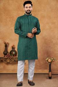 Vêtements traditionnels indiens pour hommes, Kurta long en coton jacquard Merath avec pyjama entièrement cousu pour mariage et Diwali, sans plis - Product Image 3