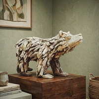 Sculpture d'ours moderne en bois artisanal, statue animale en bois de teck flotté, décoration sur pied pour sol forestier, pour la maison et les mariages