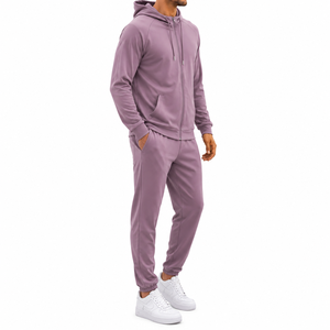 Men's Hooded Tracksuit Solid Color Full Zipper Sweatshirt and Pants <b>Set</b> Casual Autumn Wear 100% Cotton Breathable Regular Fit - Product Image 1
