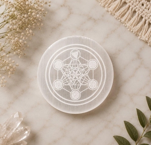 Natural Selenite <b>Crystal</b> Gemstone Charging Plate & Disk with Lotus <b>Moon</b> Engraving | Polished Faceted Meditation Reiki Tool - Product Image 5