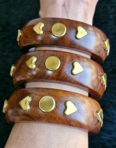 VERY RETRO PENTAGRAM WOODEN BRACELET Exaggerated Wide <b>Rivet</b> Design Modern Handmade Waterproof Unisex Accessory - Product Image 1