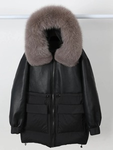 Veste d'hiver en cuir PU noir tissé avec garniture en fourrure de renard, fermeture éclair sur le devant, poches à rabat, coupe régulière, unisexe, manches longues - Product Image 3