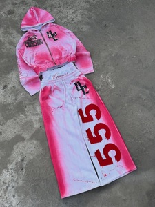 Custom Pink <b>Tie</b> <b>Dye</b> Sweatsuit Women Cropped Zip Hoodie Wide Leg Sweatpants <b>Set</b> Streetwear Two Piece Outfit - Product Image 5