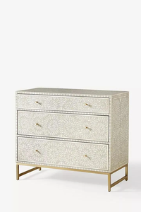 Modern Bone Inlay White Floral Pattern 3 Drawer <b>Chest</b> With Gold Base Bedroom <b>Storage</b> Cabinet - Product Image 2