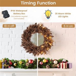 พวงหรีดคริสต์มาสขนาด 24 นิ้ว พร้อมไฟ LED สีขาวอบอุ่น 35 ดวง และลูกสน 6 ลูก ปลายกิ่ง 105 จุด สีน้ำตาล - Product Image 6