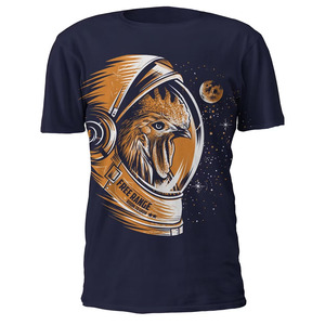 T-shirt à manches courtes bleu marine pour homme avec imprimé poulet astronaute, design décontracté à col rond, coupe régulière, jersey 100% coton - Product Image 1