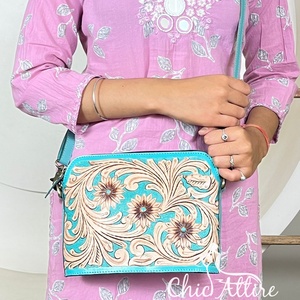 Western Style Hand Tooled Turquoise Leather Floral Design Handbags Wholesale custom Designer Crossbody Sling Bags for Female - Product Image 1