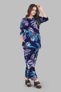 Ensemble coordonné pour femme imprimé bleu, vente en gros, prix d'usine, en poly-rayonne, 2 pièces, pantalon et haut, écologique, col rond, décontracté pour femme - Product Image 2