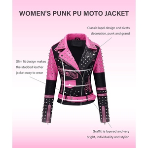 Pink Black Studded PU Leather <b>Biker</b> <b>Jacket</b> Asymmetric Zip Spiked Motorcycle <b>Jacket</b> for Women Streetwear - Product Image 5