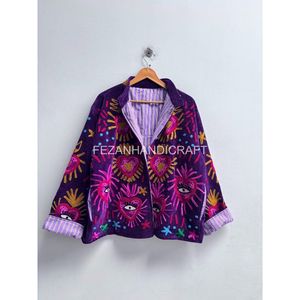 Blazer en velours brodé pour femme, motif cœur violet, col rabattu, manches longues, vêtement d'automne - Product Image 1