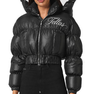 Women's Solid Color Winter Short Crop Bubble Long Sleeve <b>Zipper</b> Breathable Waterproof Windproof Knitted Crocheted Outdoor Puffer - Product Image 1
