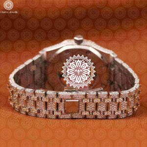 Montre de luxe pour homme en acier inoxydable Charm Jewells, boîtier incrusté de diamants en or rose, mouvement mécanique analogique, cadran de 40 mm, bouton poussoir - Product Image 4