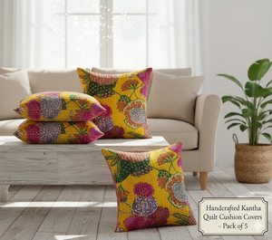 Kantha Quilt Cushion Covers <b>Set</b> | Handmade Floral Pillow Cases, Boho Farmhouse Décor - Product Image 1