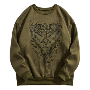 Olive Green Rhinestone Cross Wing Sweatshirt Oversized Pullover <b>Gothic</b> Streetwear Angel Graphic Crewneck Cotton Blend Top - Product Image 4