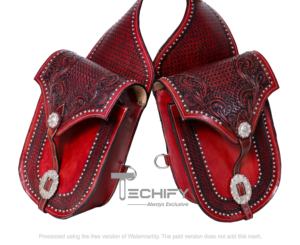 Sacoche de selle en cuir western avec arbre en plastique, gravures, conchos en laiton, couleur rouge, durable, pour usage équestre, personnalisable - Product Image 2