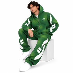Ensemble de survêtement vert délavé personnalisé pour hommes, avec sweat à capuche zippé et pantalon de jogging, style streetwear athlétique et effet usé, vente en gros à faible MOQ - Product Image 5