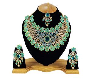 Vintage Pearl Flower Shape Alloy Jewelry Set Necklace Earrings Headpiece Gold Plated Blue Women Party Engagement Anniversary - Product Image 3