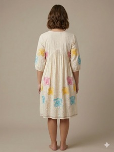 Vestido Midi Boho con Estampado Floral, Cuello en V, Manga Tres Cuartos, Corte Holgado, 100% Algodón Tejido Transpirable, Bordado a Mano, Casual de Primavera - Product Image 4
