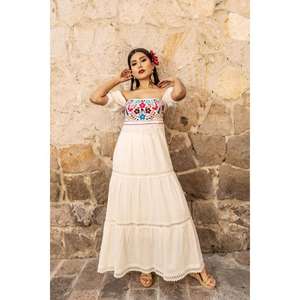 Robe longue maxi noire pour femme, à épaules dénudées, brodée, en coton mexicain, style bohème, faite à la main, ethnique, pour l'été - Product Image 1