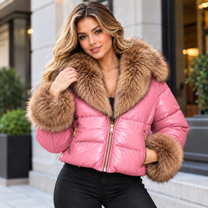 Chaqueta de Cuero Genuino para Mujer con Cuello y Puños de Piel, Ropa de Invierno de Lujo/Proveedor Mayorista - Product Image 1