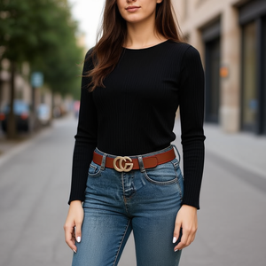 Cintura Angelina in Vera Pelle 3,5Cm X 110Cm con Fibbia Doppia G per Donna, Moda Casual - Product Image 3