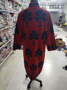 <b>Women</b> Red Velour <b>Robe</b> Long Sleeve Mandarin Collar Geometric Print Full Length Winter Cozy Zipper Fly Soft Machine Washable - Product Image 6
