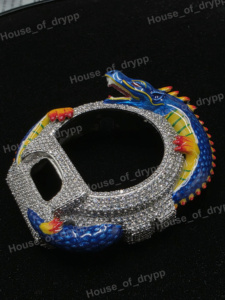 Lunette de montre Dragon Bleu faite à la main avec design ajouré en Moissanite VVS, mise à niveau Série 6900 - Product Image 2
