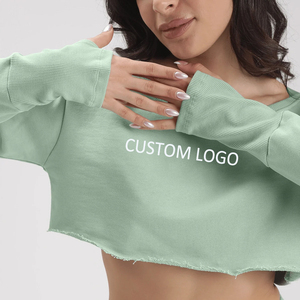 Women's Off Shoulder Cropped Sweatshirt Mint Green Long Sleeve Distressed <b>Hem</b> Custom Logo Crop <b>Top</b> - Product Image 3