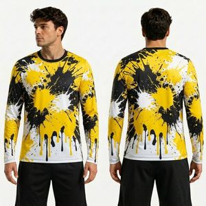 Camiseta Deportiva de Manga Larga con Estampado de Explosión de Tinta Blanca y Amarilla, Camisetas de Manga Larga Ligeras de Poliéster Premium - Product Image 1