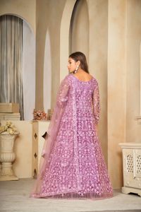 Élégante robe Anarkali violette pour femme, manches 3/4, en Santoon et tulle, semi-couturée, idéale pour les mariages et les occasions festives - Product Image 6