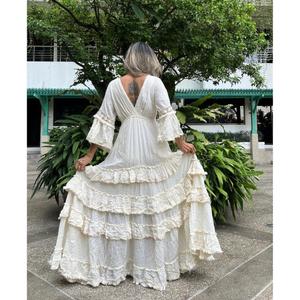 Vestido de Novia Moderno de Algodón, Estilo Princesa, Manga Larga, para Embarazadas, con Volantes, Largo hasta el Suelo, Ecológico, Casual, con Cuello en V y Espalda Descubierta - Product Image 4
