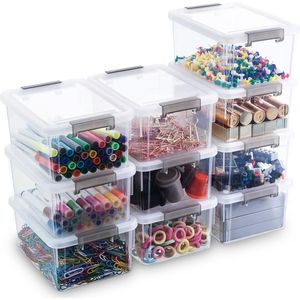 Set di 10 Contenitori in Plastica Trasparente Bianca da 1,3 Qt, Scatole Impilabili di Piccole Dimensioni con Coperchi per Organizzazione - Product Image 1