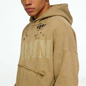 Sweat-shirt à capuche oversize MRMM pour homme, en coton beige, tissu French Terry, logo imprimé sur le dos, style streetwear automne - Product Image 3