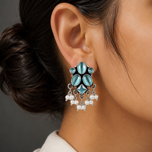 Pendientes Colgantes Bohemios Vintage de Flor de Perlas Plateadas Oxidadas de Latón al por Mayor, Joyería Tribal India ARTS JEWELS para Aniversario de Mujer - Product Image 2