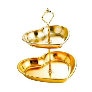 Plateau de service en forme de cœur doré de luxe à 2 niveaux, support à gâteau, plateau à dessert en métal pour mariage, fête, décoration de la maison - Product Image 1