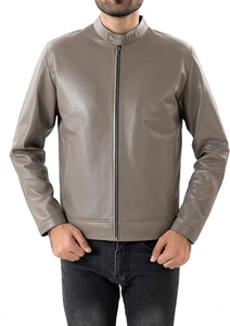 Blouson bomber en cuir PU gris pour homme, col montant, fermeture éclair, coupe ajustée, longueur standard, vêtement décontracté d'automne - Product Image 4