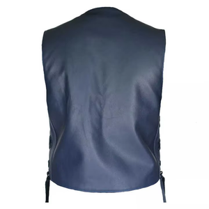 Gilet de motard respirant en polyester/coton bleu pour homme avec col en V, boutons sur le devant et poches latérales, idéal pour l'extérieur en été, vêtement d'extérieur robuste - Product Image 3