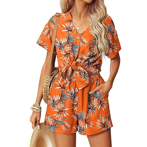 Conjunto de Camisa de Manga Corta con Estampado Floral Naranja y Pantalones Cortos para Mujer 2026, Producto de la Mejor Calidad, Corte Holgado, Ropa Casual de Verano - Product Image 1