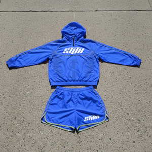 Ensembles pour hommes deux pièces personnalisés : Survêtements coupe-vent respirants en nylon avec short et veste zippée - Product Image 5