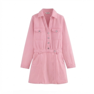 Robes en jean décontractées pour femmes, couleur bleu denim, col rabattu, boutonnées, manches longues, mini robes - Product Image 4