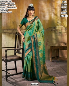 Sari en soie pure tissé à la main Raaga avec bordure bleue et travail Zari pour femmes, tenue de mariage, sari indien traditionnel - Product Image 4