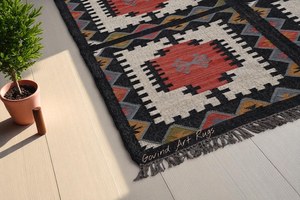 Tapis géométrique Kilim fait main, écologique, tufté à la main, rectangulaire, en laine et acrylique, pour salon, à poils moyens, en latex - Product Image 2