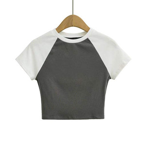 Women's Contrast <b>Raglan</b> Sleeve Crop <b>Top</b> Premium Cotton Crew Neck Short Sleeve Casual Summer Wear Custom Logo crop <b>top</b> for women - Product Image 2