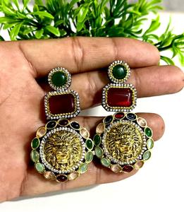 Luxury Sabyasachi Inspired Multicolor Lion Head <b>Cat</b> Eye Stone & Crystal Drop <b>Earrings</b> Gold Plated Statement Bridal Wedding Party - Product Image 5
