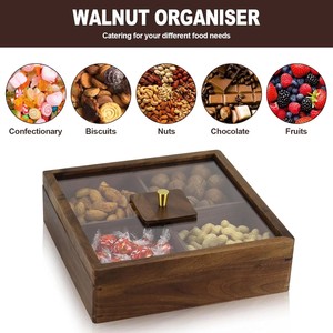 Natural Wooden Dry Fruit Serving Tray with Clear Acrylic Lid 4 Compartment Nut Candy Snack Storage Box for Home Hotel Gift - Product Image 3