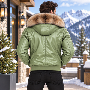 Chaqueta de invierno de cuero para hombre con capucha de piel de zorro, Giacca Uomo |   Chaqueta de Cuero Estilo Aviador para Hombre |   Chaqueta de cuero para hombre - Product Image 4