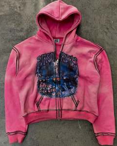 Sudadera con capucha unisex extragrande de algodón 100% con cremallera completa, estilo vintage, lavado ácido y estampado digital con efecto desgastado por el sol. - Product Image 5